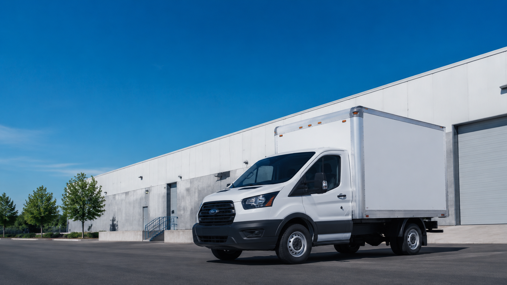 STONEROCK compact white box truck outside an industrial facility